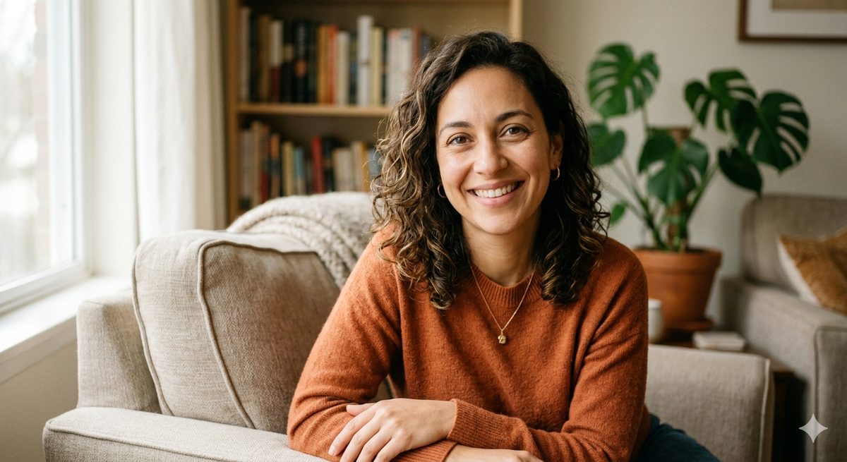 A smiling woman with curly hair in a warm, book-lined living room, looking directly at the camera.